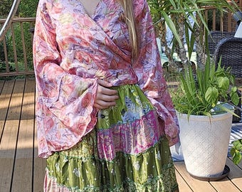 Boho Patchwork Silk Maxi Skirt & Wrap Top Set: Fits S to L maybe XL