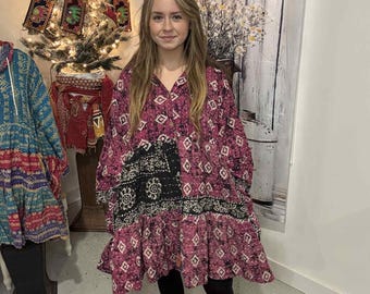 Short Cascade Dress Duster Reversible Kantha Cotton with Pockets (S-2X )