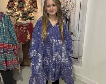 Short Cascade Dress Duster Reversible Kantha Cotton with Pockets (S-2X )