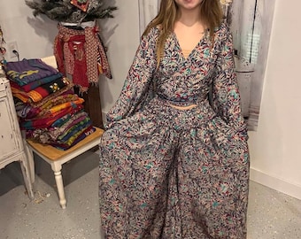 Vintage Silk Blend Palazzo Pants Set: Bell Sleeve Wrap Top (One Size S-XL)