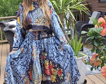 Conjunto de falda y pañuelo bohemio: top corto de seda, bolsillos laterales, tallas S-2X