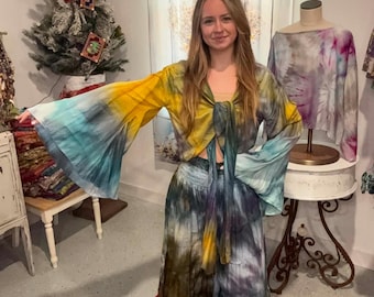 Tie Dyed Palazzo Pants Set with Bell Sleeves Wrap top – One Size S to XL/2X