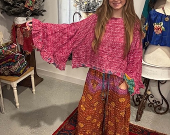 Sun Rise Kantha   Set  -  Kantha flare pant  with Ruffle Sleeves  Top  -   One Size S to 3X