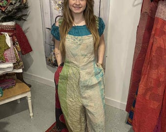 Apron Jumpsuit Overall  in heavy kantha  - One Size S to 2X
