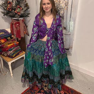 Boho Patchwork Silk Maxi Skirt & Wrap Top Set: Fits S to L /XL