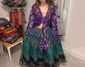 Set boho-patchworkzijden maxirok en overslagtop: past van S tot L/XL