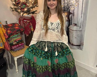 Falda larga estilo bohemio hippie con patchwork, talla única (de la S a la XL/2X)