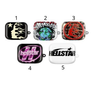 May include: A collection of five AirPod cases with unique designs. The cases feature various graphics, including a face with flames, a globe with headphones, a red flame design, the word "hellstar" in a purple font, and the word "HELLSTAR" with a star.