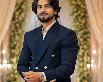 Men's Navy Blue Double-Breasted Blazer with Cream Trousers | 2-Piece Wedding & Formal Suit Set | Gold Button Jacket