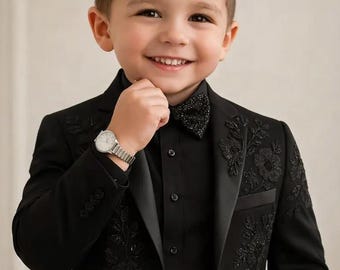 Terno de smoking preto com bordado floral para meninos – Traje formal para pajem de casamento