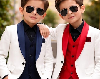 3-teiliges Jungen-Smoking-Set - Weißer Schalkragen-Blazer mit roten oder marineblauen Akzenten