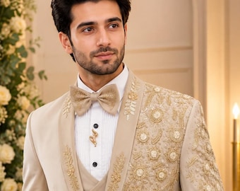 Bestickter Champagner-Tuxedo, 3-teiliger Luxus-Hochzeits-Bräutigam-Formelle-Blazer