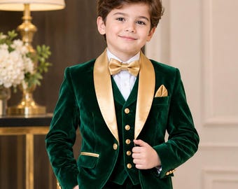 Boys Emerald Green Velvet Tuxedo, Gold Lapel Wedding Suit, Ring Bearer Outfit