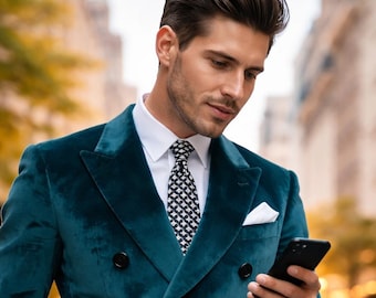 Teal Samt Zweireihiger Anzug, Slim Fit, Revers, formelle Abendgarderobe