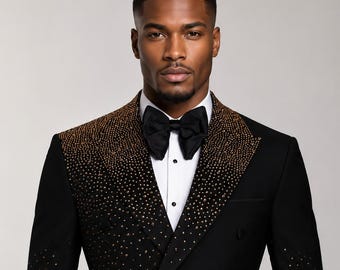 Schwarz Gold verzierte Smoking, Luxus zweireihiger Hochzeitsanzug, kundenspezifische Bräutigam Blazer