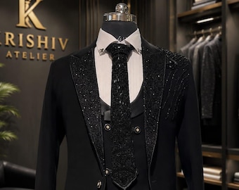 Schwarzer verzierter Tuxedo-Anzug, Designer-Hochzeitsabschlussball-Blazer-Set, Perlen-Reversjacke