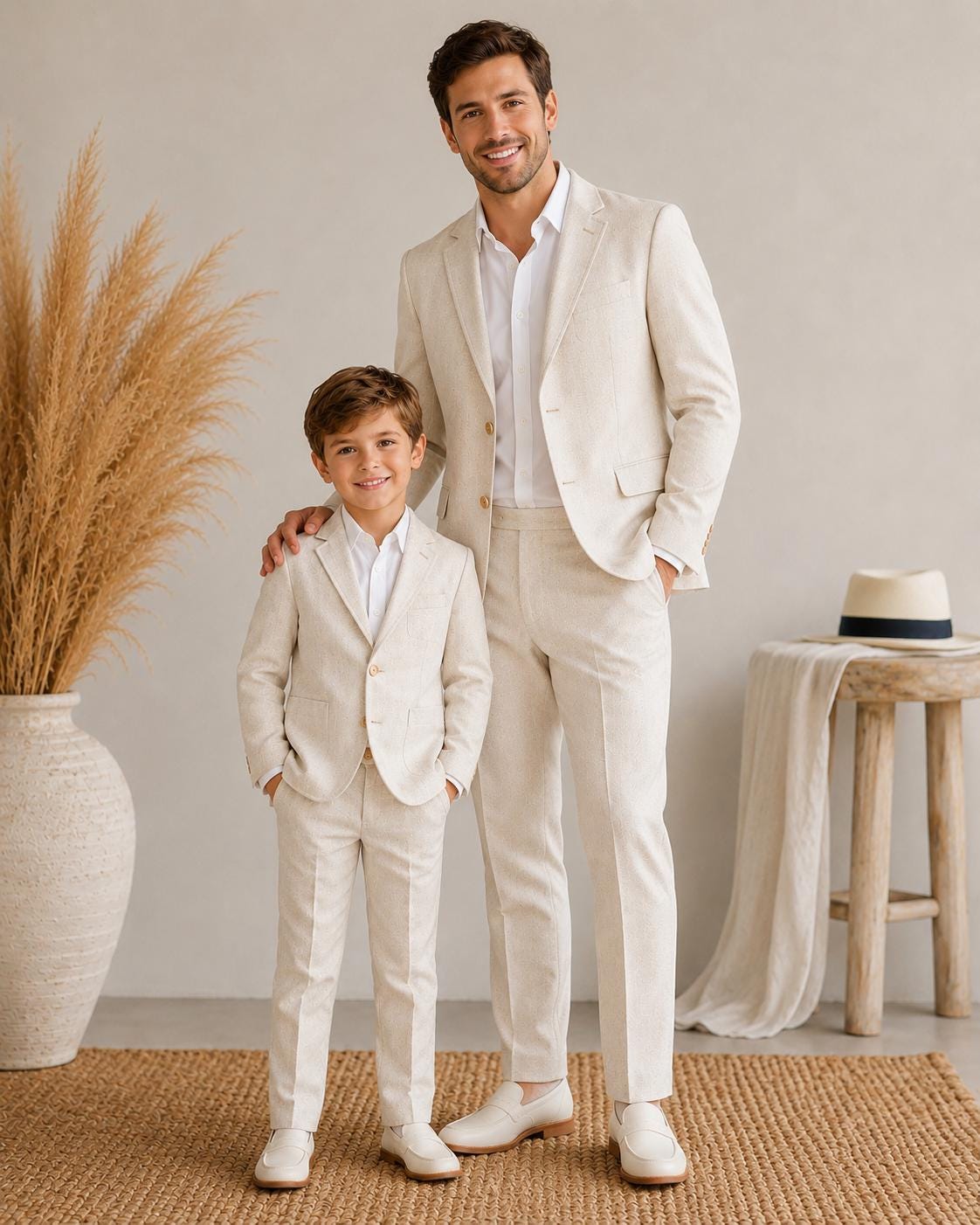 Father Son Matching Beige Suits, Dad Me Wedding Outfit, Boys Formal Blazer Pants