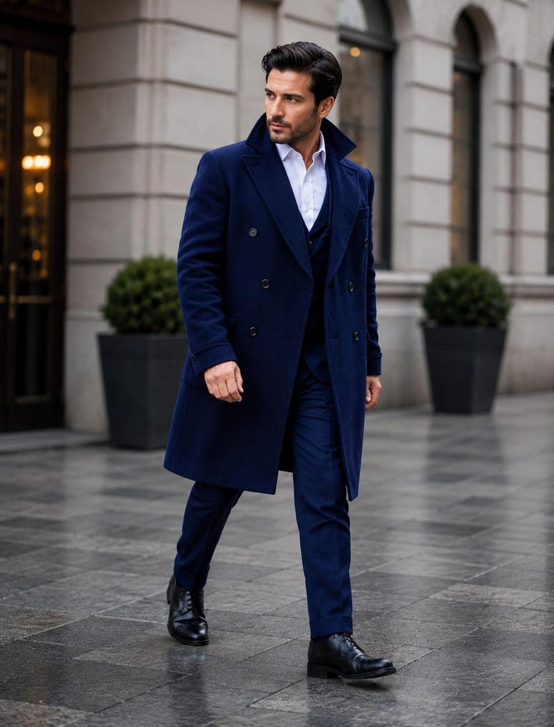 Men's Navy Wool Blend Double Breasted Overcoat | Slim Fit Winter ...