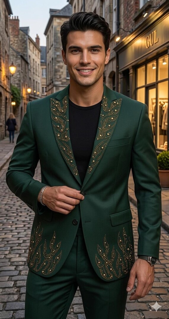 Emerald Green Embroidered Suit Jacket, Luxury Wedding Blazer, Prom Tuxedo Party Wear