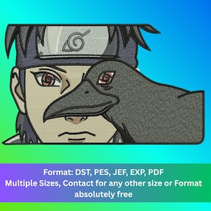 May include: An embroidery design featuring a stylized anime character with dark hair, a headband with a spiral symbol, and red patterned eyes, partially obscured by a large black crow with a matching red eye, rendered in black, gray, and red thread.
