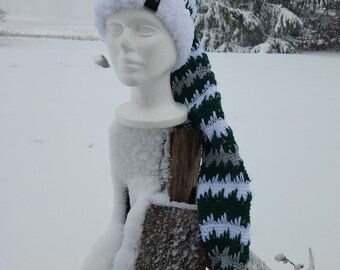 Crochet Elf Stocking Hat with Fur Pom, Green Gray White