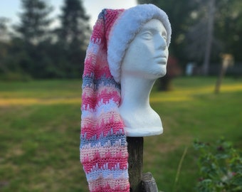 Crochet Elf Hat with Fur Pom – Hand Knit Winter Stocking Cap