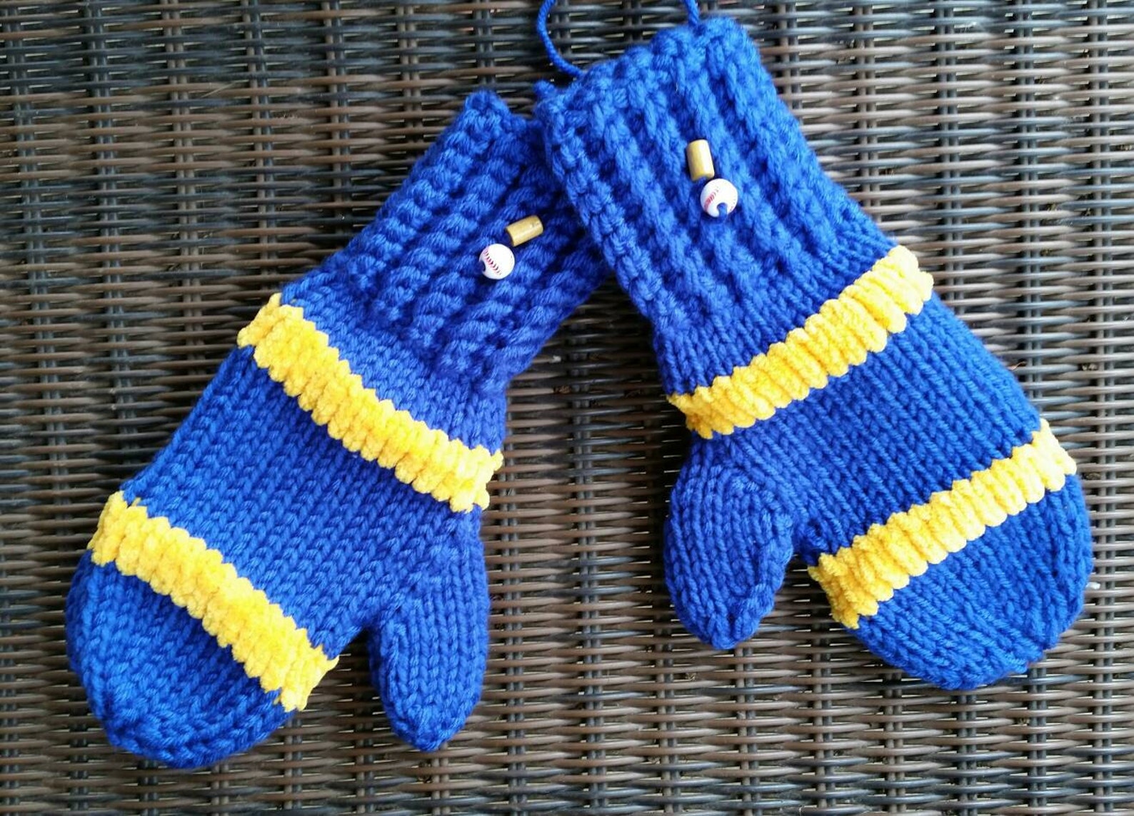 Thick Hand Knit Mittens in Blue and Yellow Brewers Mittens Etsy