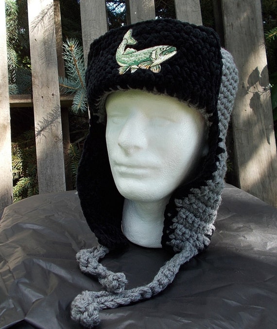Grey and Black Fishing Earflap Hat Bomber Hat Russian Hat