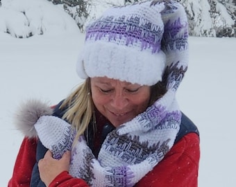 Crochet Winter Elf Hat with Fur Pom – Purple, Gray & White