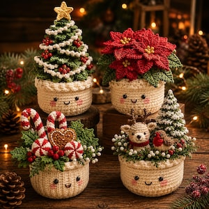 May include: Four crocheted pots with smiling faces, each containing different holiday decorations: a Christmas tree with a star, a red poinsettia, candy canes with a heart cookie, and a reindeer with a bird and a small pine tree.