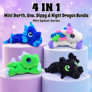May include: A bundle of four crocheted dragon plushies in various colors: blue, white, green, and black. The text "4 IN 1 Mini Darth, Una, Dippy & Night Dragon Bundle Mini Sploot Series" is displayed at the top. Each plushie is lying down.