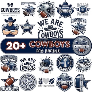 May include: A collection of over twenty Cowboys-themed PNG graphics. The designs include football helmets, footballs, stars, and the words "Cowboys" and "Dallas Cowboys" in various fonts and styles. The color scheme is primarily navy blue, white, and brown.