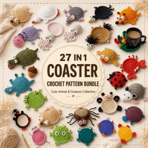 Könnte beinhalten: Eine Sammlung von 27 gehäkelten Untersetzern in Tier- und Kreaturenform, angeordnet um ein zentrales kreisförmiges Etikett mit der Aufschrift 27 IN 1 COASTER CROCHET PATTERN BUNDLE Cute Animal & Creature Collection.