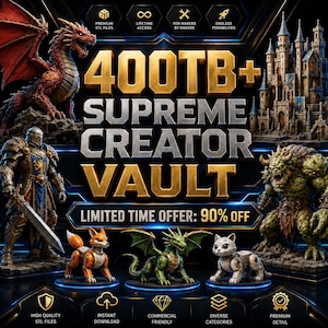 May include: A digital graphic titled 400TB+ SUPREME CREATOR VAULT featuring a red dragon, a stone castle, a knight in armor, a green monster, and three small robotic figures of a fox, a dragon, and a cat, with text indicating a 90% off limited time offer.