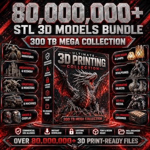 Puede incluir: Un paquete de productos digitales con más de 80.000.000 de modelos 3D STL en una megacolección de 300 TB. La caja central muestra un dragón y el texto Ultimate 3D Printing Collection, rodeado de categorías como fantasía, arquitectura y ciencia ficción.