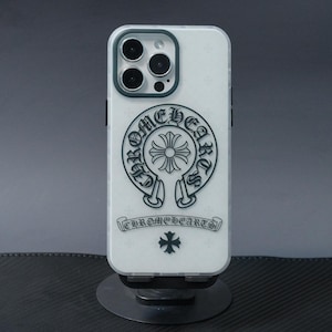 Funda para iPhone con logo de herradura blanca translúcida inspirada en Chrome Hearts / Funda protectora de estilo urbano de lujo