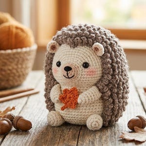 May include: A handmade crochet hedgehog with a light beige body and brown spiky back. The hedgehog holds an orange leaf and sits on a wooden surface with acorns, leaves, and yarn in the background. Crochet needles and a basket of yarn are also visible.