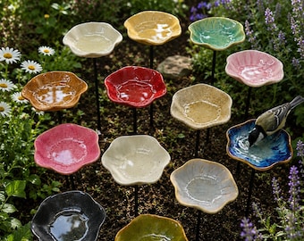 Paletto per abbeveratoio per uccelli in ceramica fatto a mano, mangiatoia per uccelli da giardino fiorito, decorazione da giardino per esterni, arte da cortile in ceramica