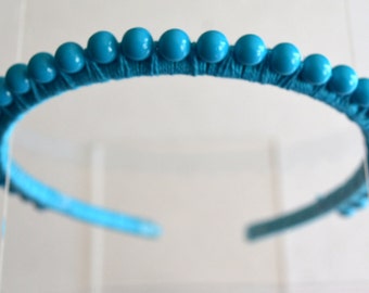 Hair Accessory, Headband, Handmade, Whimsical Aqua Blue Large Bead Headband, Floss Wrapped Plastic Headband,
