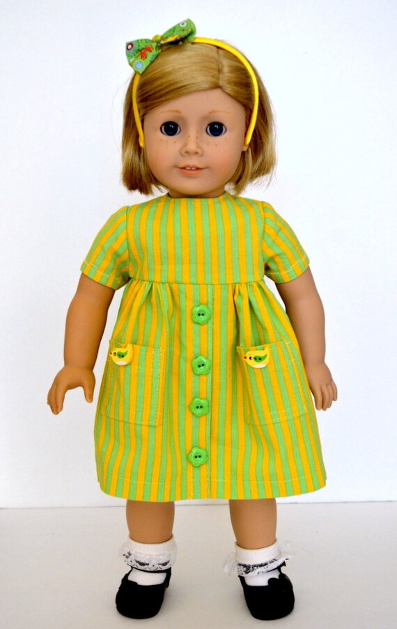 18 Inch Doll, Handmade Green and Yellow Stripe Short Sleeve Dress with Pockets. Doll Size Bow Headband