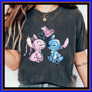 Disney Stitch And Angel Couple Watercolor Brush T-Shirt Lilo And Stitch Shirt Funny Stitch Shirt Disney Couple Tee Gift For Couple