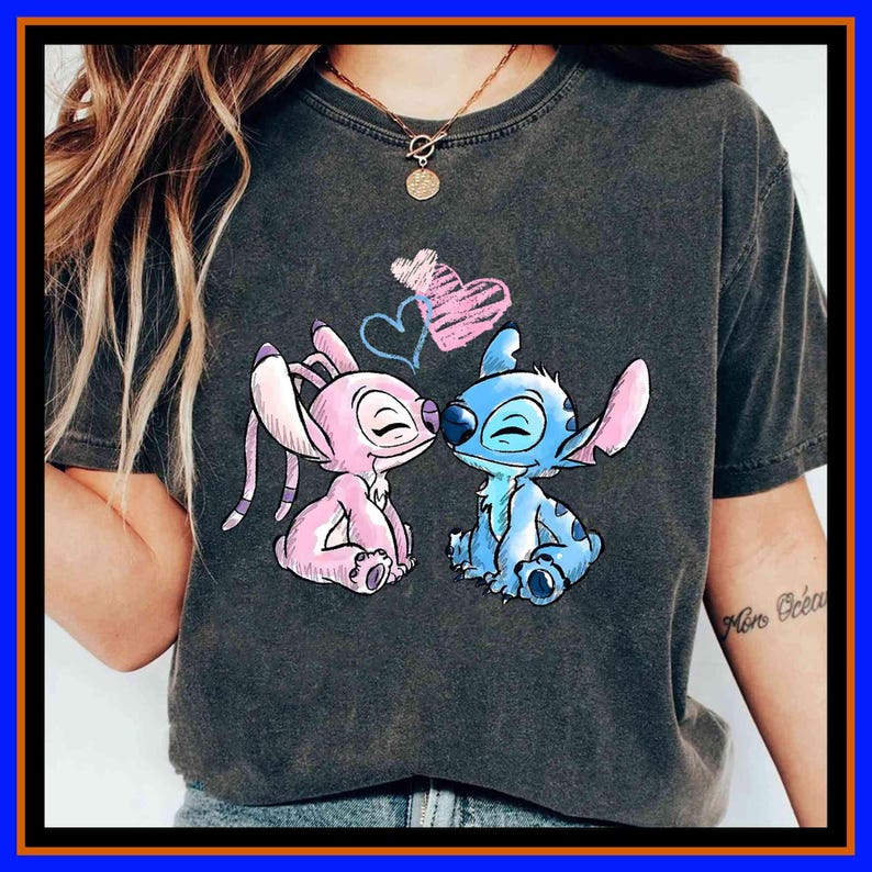 Disney Stitch And Angel Couple Watercolor Brush T-Shirt Lilo And Stitch Shirt Funny Stitch Shirt Disney Couple Tee Gift For Couple