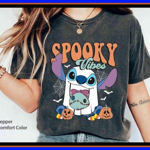 Stitch Boo Ghost with Scrump Spooky Vibes Comfort Colors T-Shirt Lilo And Stitch Halloween T-Shirt Disney Halloween Party Spooky Season