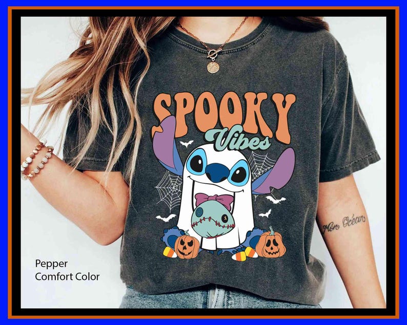 Stitch Boo Ghost with Scrump Spooky Vibes Comfort Colors T-Shirt Lilo And Stitch Halloween T-Shirt Disney Halloween Party Spooky Season