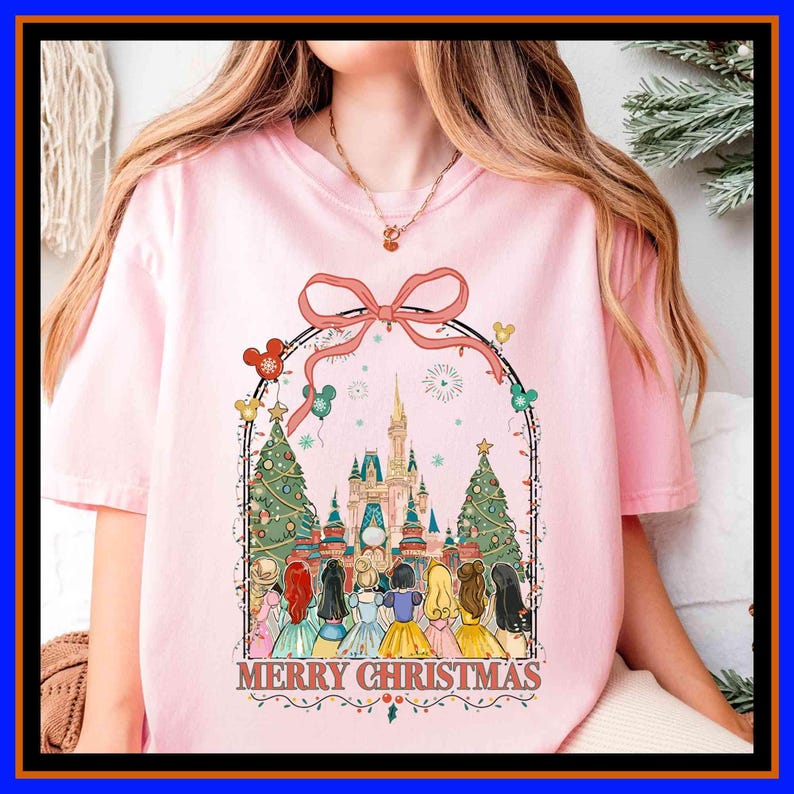 Disney Princess Merry Christmas Shirt Cinderella Belle Rapunzel Snow White Elsa Christmas Group Shirt Disney Girl Vacation Shirt