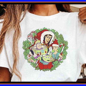 Toy Story Buzz Jessie Woody Christmas Wreath Shirt Vintage Disney Xmas Tee Mickey's Very Merry Christmas Party Disneyland Holiday Trip