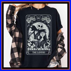 Retro Jack And Sally The Lovers Tarot Card Comfort Colors Shirt Nightmare Before Christmas Disney Couple Valentine's Day Matching T-Shirt