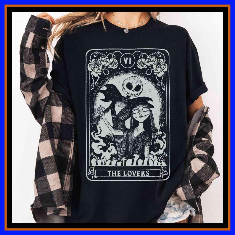 Retro Jack And Sally The Lovers Tarot Card Comfort Colors Shirt Nightmare Before Christmas Disney Couple Valentine's Day Matching T-Shirt