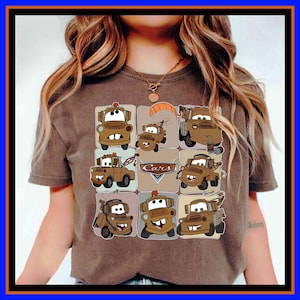 Unisex graphic tee featuring Disney Pixar Cars Tow Mater in a playful multi-panel collage design, perfect for Cars fans, family vacation outfits, kids, adults, and gift ideas.