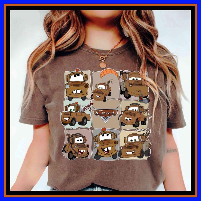 Unisex graphic tee featuring Disney Pixar Cars Tow Mater in a playful multi-panel collage design, perfect for Cars fans, family vacation outfits, kids, adults, and gift ideas.